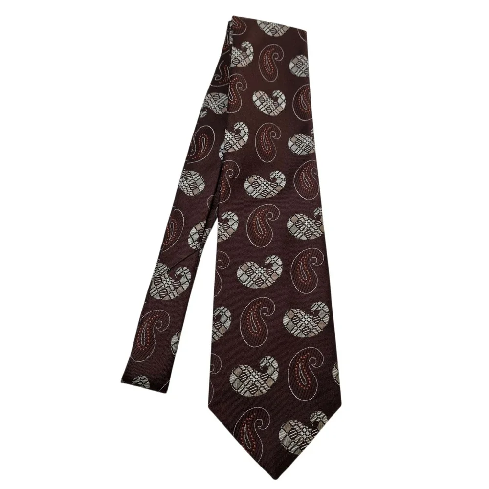Vintage Wembley Tie Brown Paisley Polyester 70s Geometric Retro Mens Necktie
